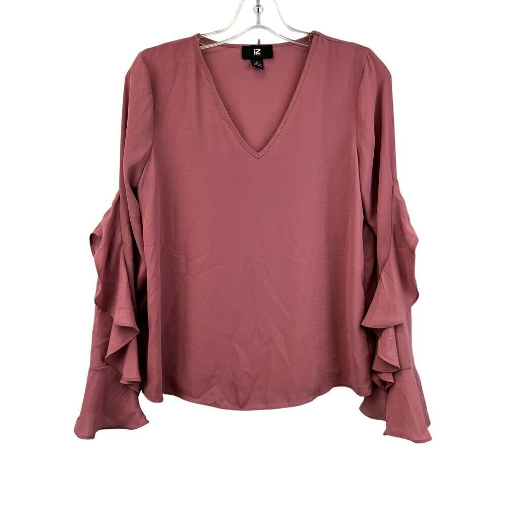 IZ Byer Womens V-Neck Ruffle Long Sleeve Pullover Mauve Blouse Small